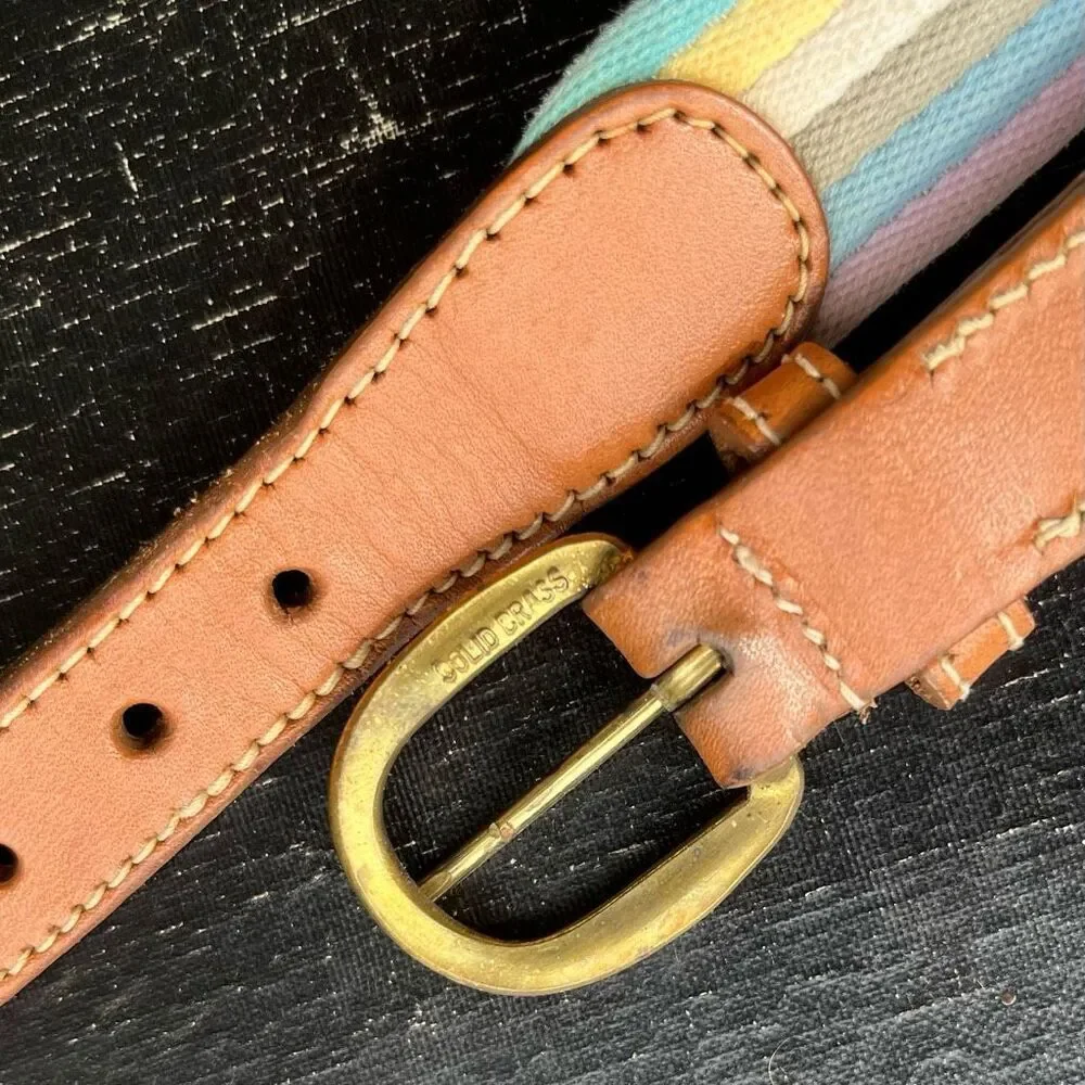 Canterbury Pastel Stripe Canvas Belt Leather & Brass Buckle Size 38